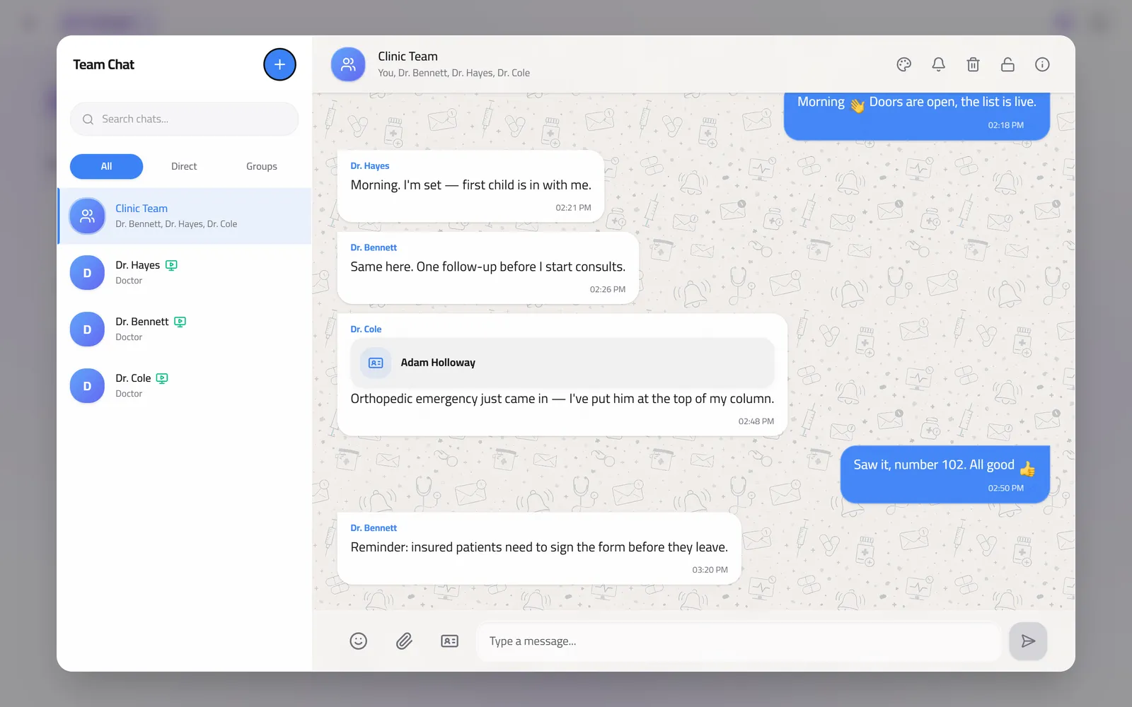 QueueCare's team chat: a group conversation between reception and three doctors, one message carrying a patient's card.