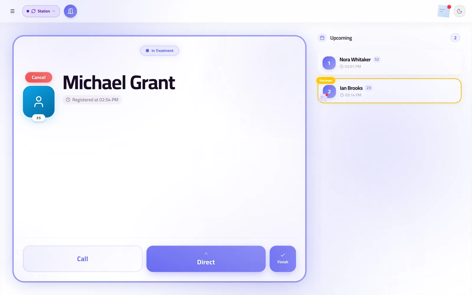 A doctor's screen in QueueCare: the patient in treatment with Call, Direct and Finish buttons, and the next patients listed beside it.