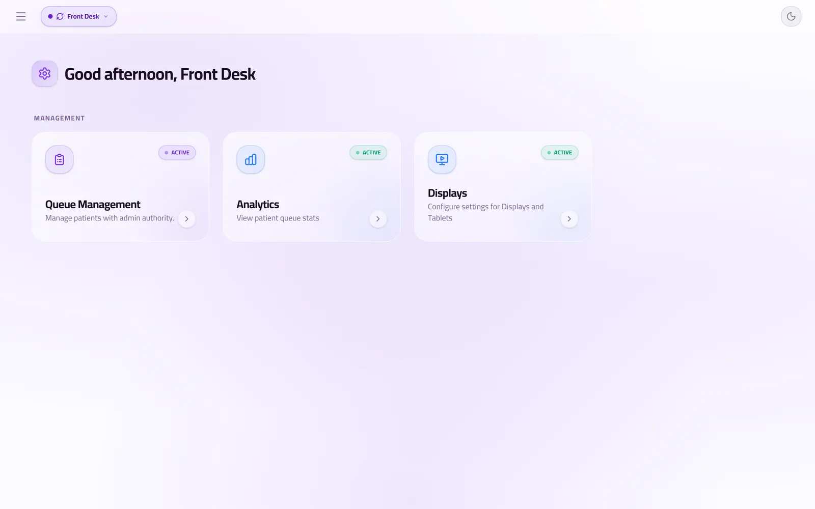 The QueueCare dashboard a clinic opens after signing in: three cards, Queue Management, Analytics and Displays.