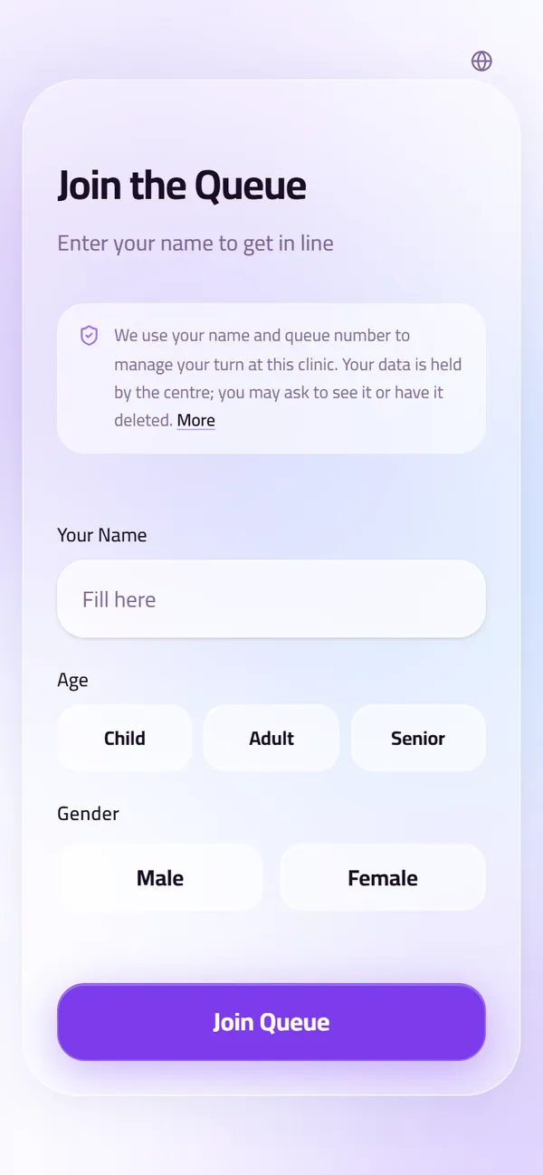 A patient's phone after scanning the clinic's QR code: a web page asking for a name, an age group and a gender, with a Join Queue button. Nothing is installed.