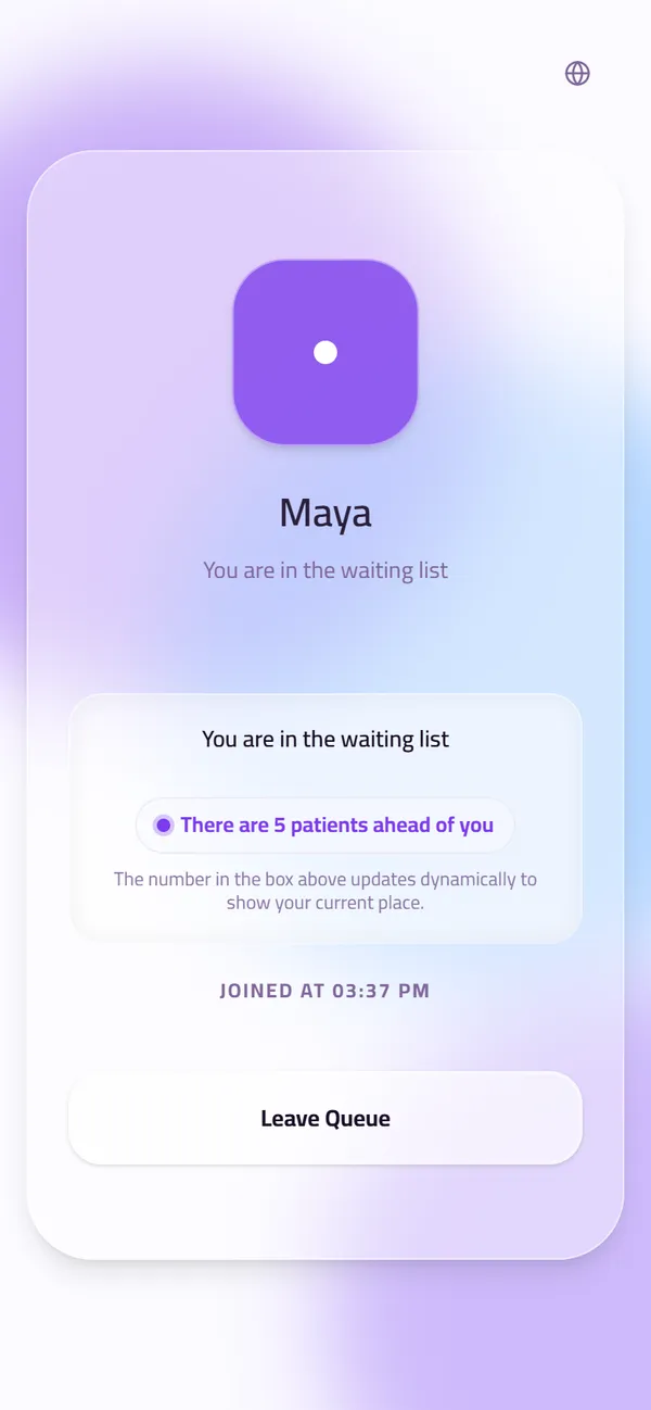 A patient's phone showing their place in the queue: “There are 5 patients ahead of you”, updating as the queue moves.