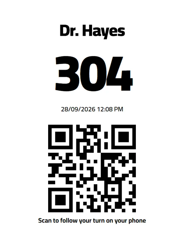 A QueueCare ticket as an 80 mm thermal printer prints it: the doctor's name, the number 304 in large type, the date and time, and a QR code above a line asking the patient to scan it to follow their turn on their phone.